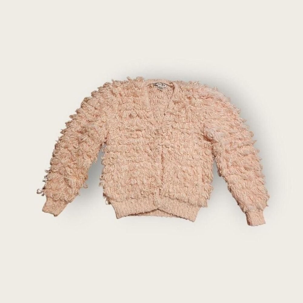 Vintage 80s Le Sweater pink fluffy button up cardigan sweater Size L